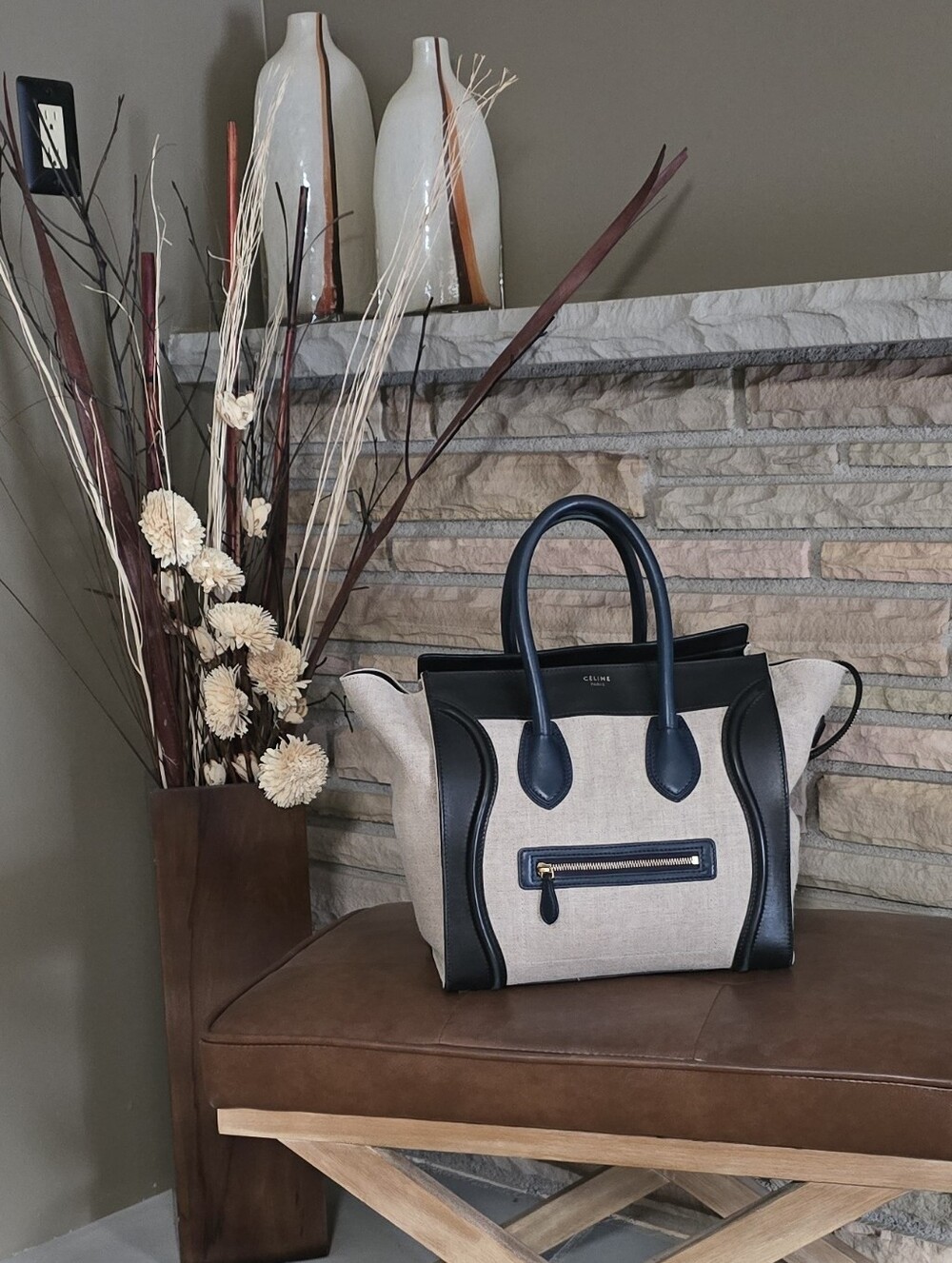 CELINE Beige Canvas and Black/Navy Leather Luggage Tote